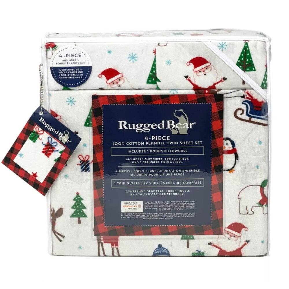 Rugged Bear TWIN 4 PC Jolly Christmas Santa Claus Cotton Flannel Sheet Set NEW